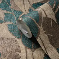 Bananenblatt-Tapete Gold Petrol - Vliestapete...