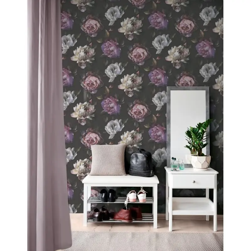 Florale Tapete Rosen Schwarz Lila - Vliestapete dunkel - Mustertapete elegant romantisch AS-Creation (KG-174804)