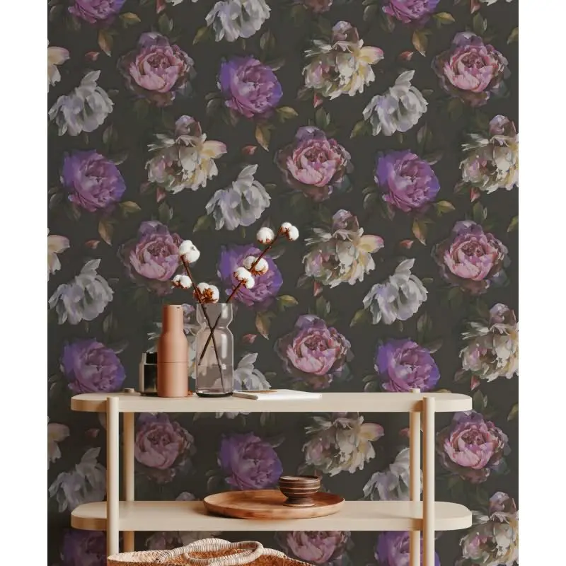 Florale Tapete Rosen Schwarz Lila - Vliestapete dunkel - Mustertapete elegant romantisch AS-Creation (KG-174804)