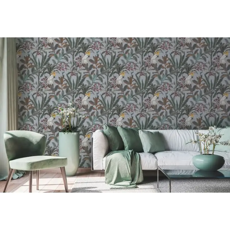 Dschungel-Tapete Kakadu Graublau - Vliestapete tropisch - Mustertapete mit Palmen & Vogel AS-Creation (KG-174832)