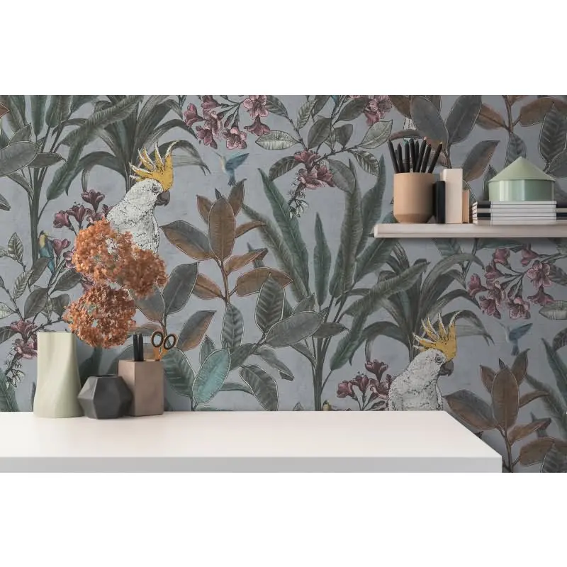 Dschungel-Tapete Kakadu Graublau - Vliestapete tropisch - Mustertapete mit Palmen & Vogel AS-Creation (KG-174832)