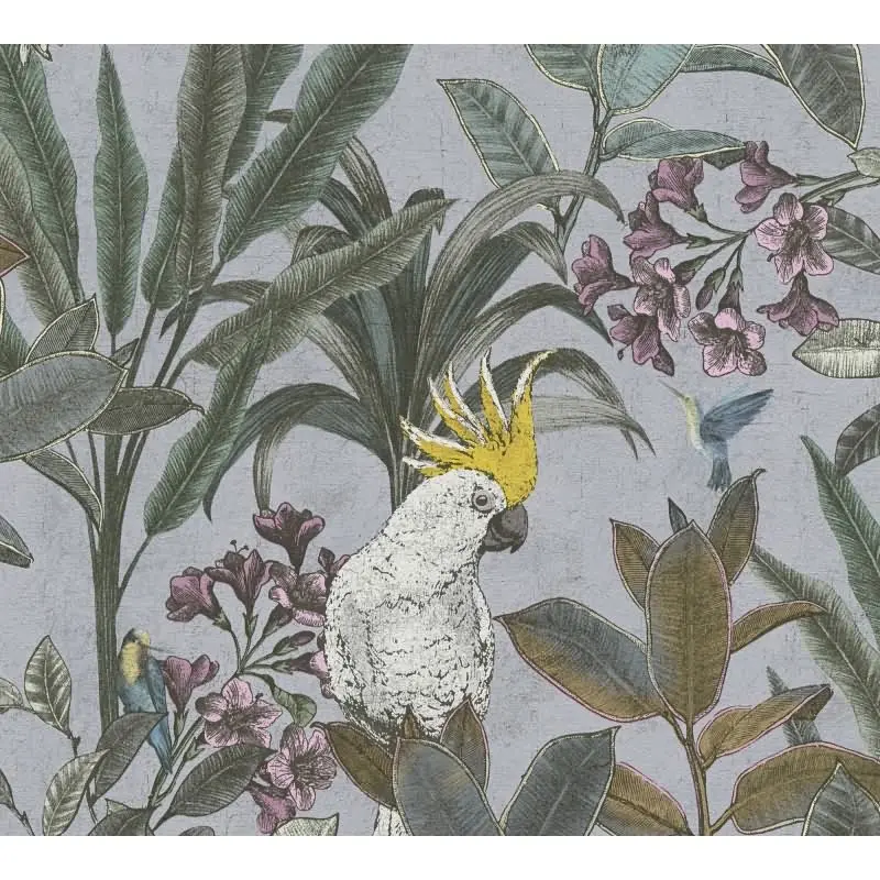 Dschungel-Tapete Kakadu Graublau - Vliestapete tropisch - Mustertapete mit Palmen & Vogel AS-Creation (KG-174832)