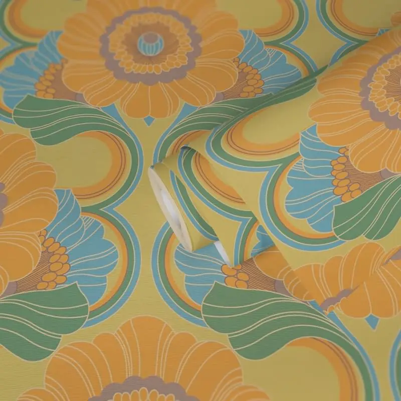 Retro-Blumen Tapete Gelb Grün Blau - Muster Tapete floral - Vliestapete AS-Creation (KG-174834)