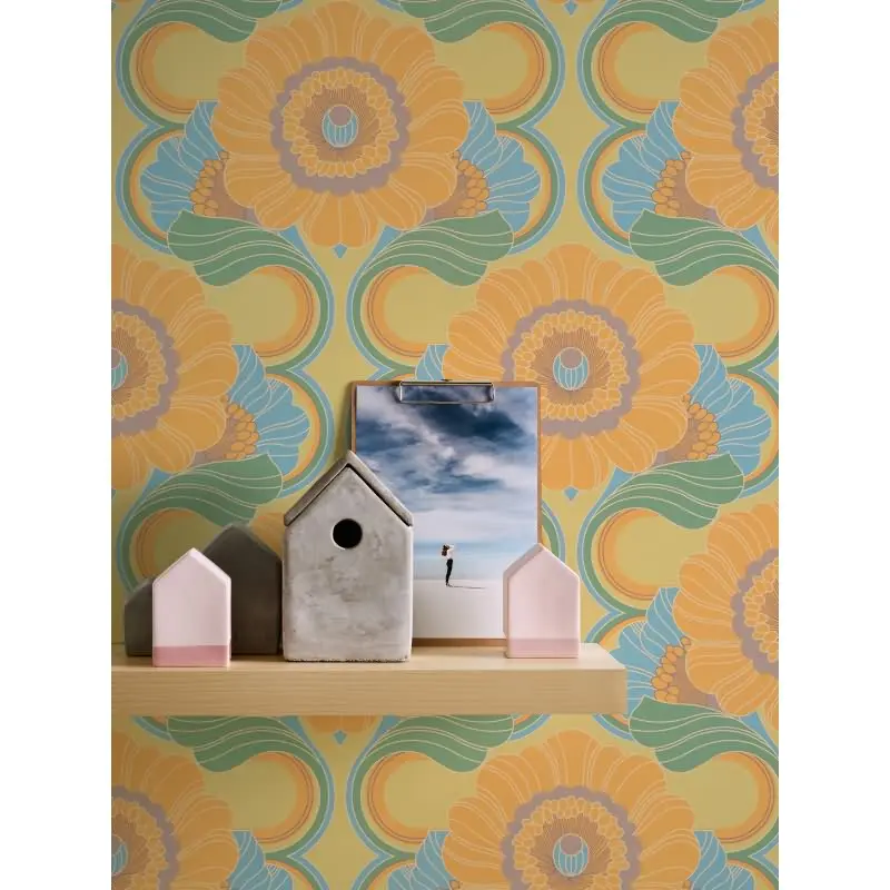 Retro-Blumen Tapete Gelb Grün Blau - Muster Tapete floral - Vliestapete AS-Creation (KG-174834)