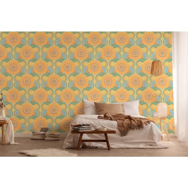 Retro-Blumen Tapete Gelb Grün Blau - Muster Tapete floral - Vliestapete AS-Creation (KG-174834)