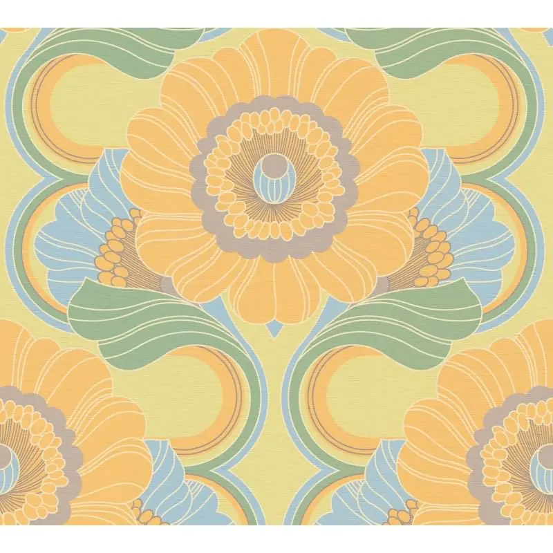 Retro-Blumen Tapete Gelb Grün Blau - Muster Tapete floral - Vliestapete AS-Creation (KG-174834)