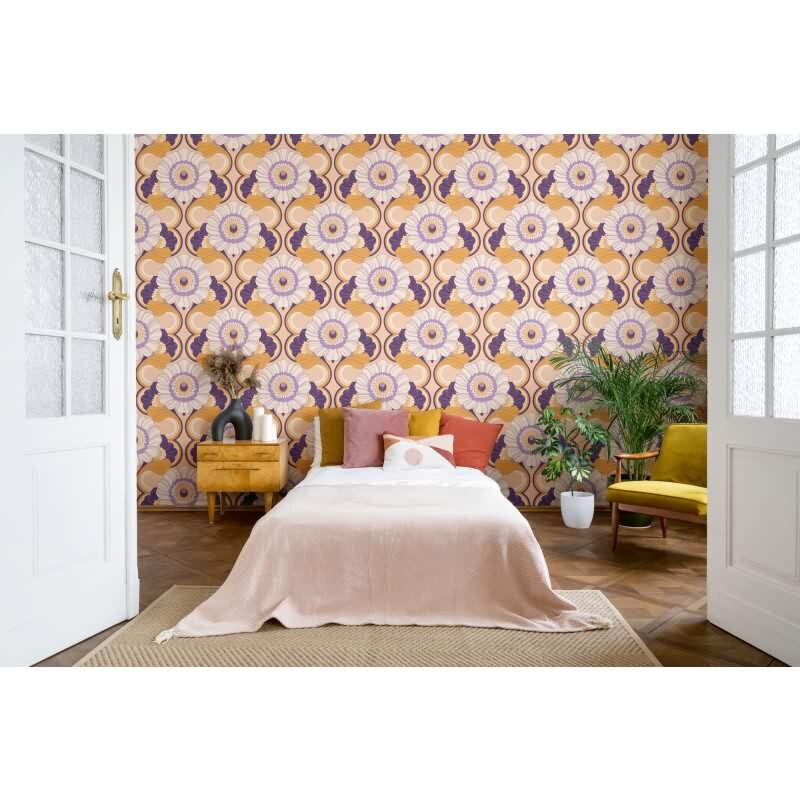 Retro Blumentapete Lila Gelb Creme - Muster Tapete floral - Vliestapete AS-Creation (KG-174836)