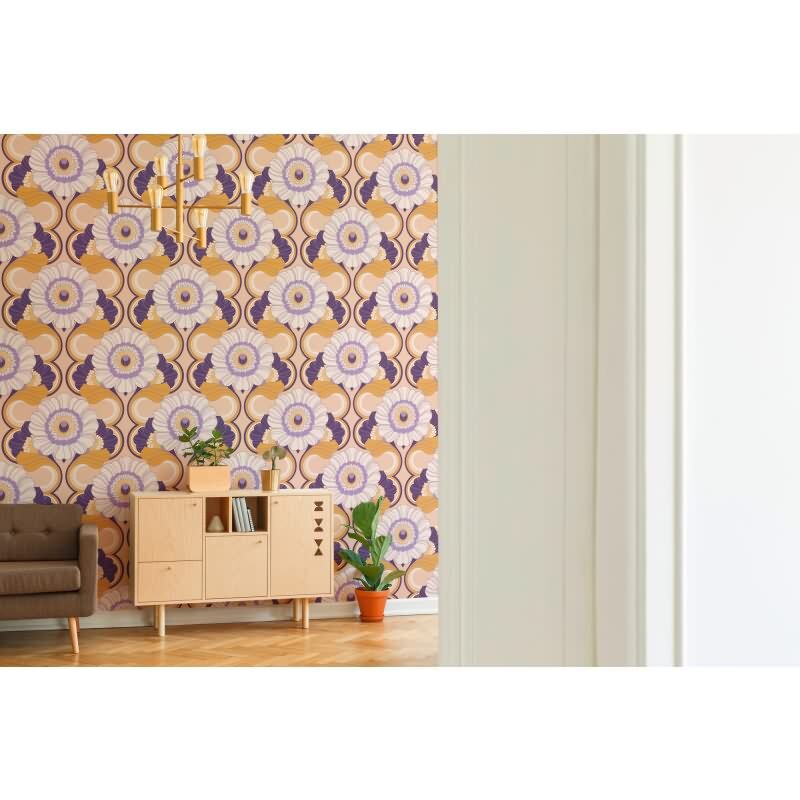 Retro Blumentapete Lila Gelb Creme - Muster Tapete floral - Vliestapete AS-Creation (KG-174836)