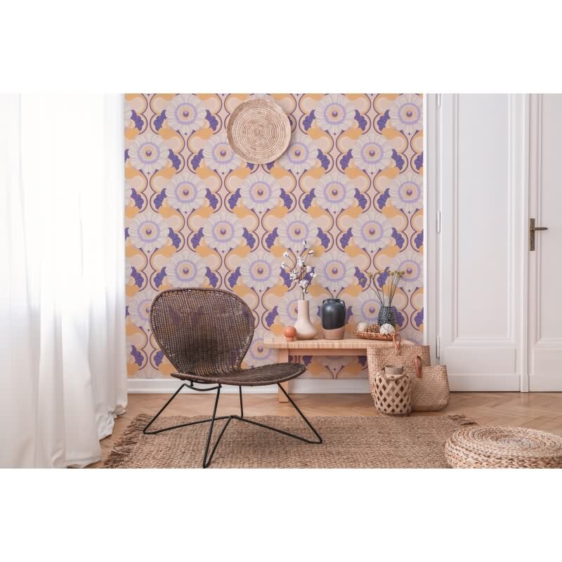 Retro Blumentapete Lila Gelb Creme - Muster Tapete floral - Vliestapete AS-Creation (KG-174836)