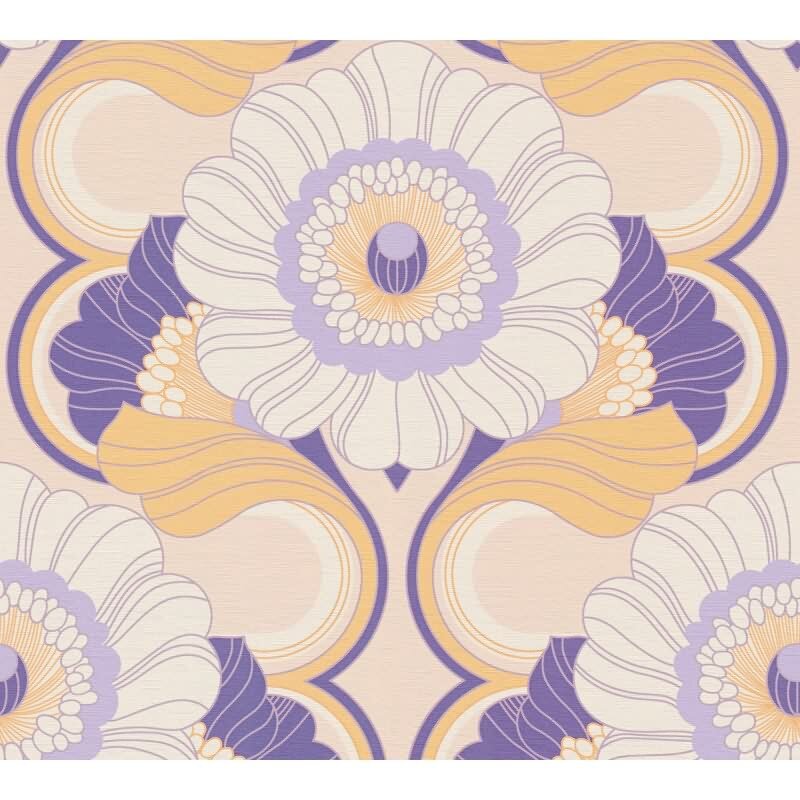 Retro Blumentapete Lila Gelb Creme - Muster Tapete floral - Vliestapete AS-Creation (KG-174836)