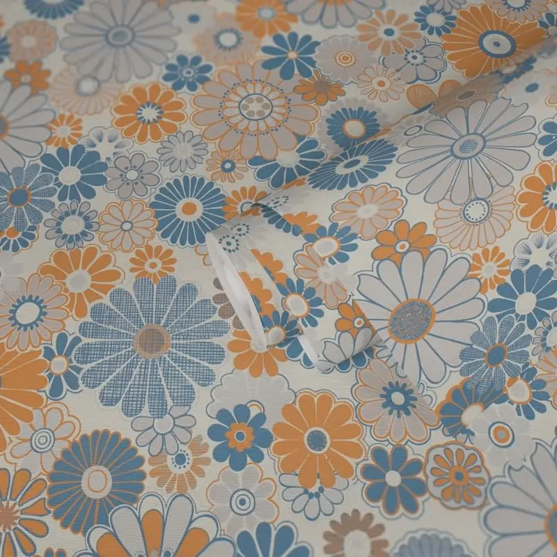 Blumen-Tapete Retro Blau Orange Beige - Mustertapete 70er Jahre - Vliestapete AS-Creation (KG-174860)