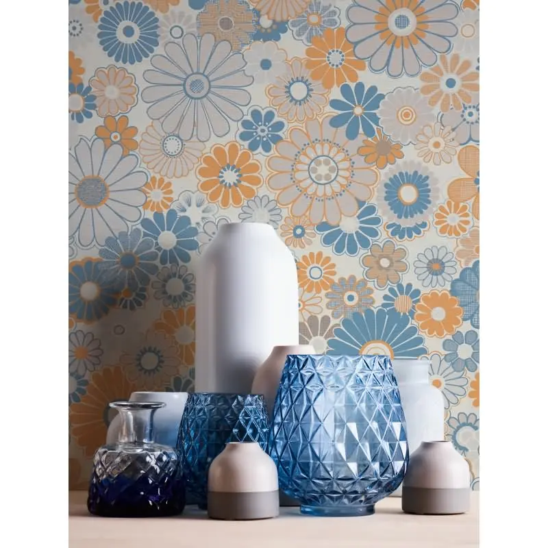 Blumen-Tapete Retro Blau Orange Beige - Mustertapete 70er Jahre - Vliestapete AS-Creation (KG-174860)