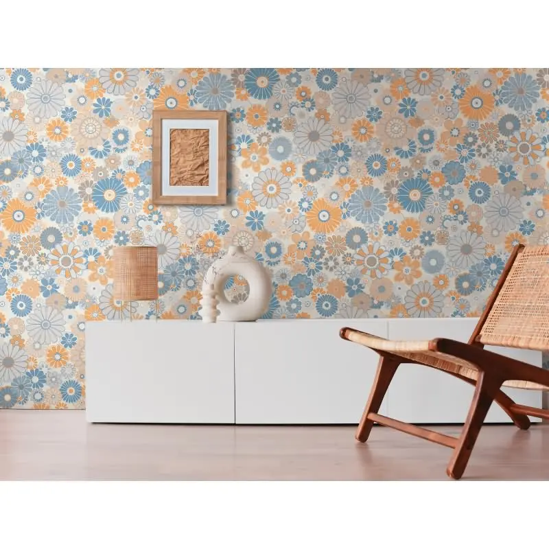Blumen-Tapete Retro Blau Orange Beige - Mustertapete 70er Jahre - Vliestapete AS-Creation (KG-174860)