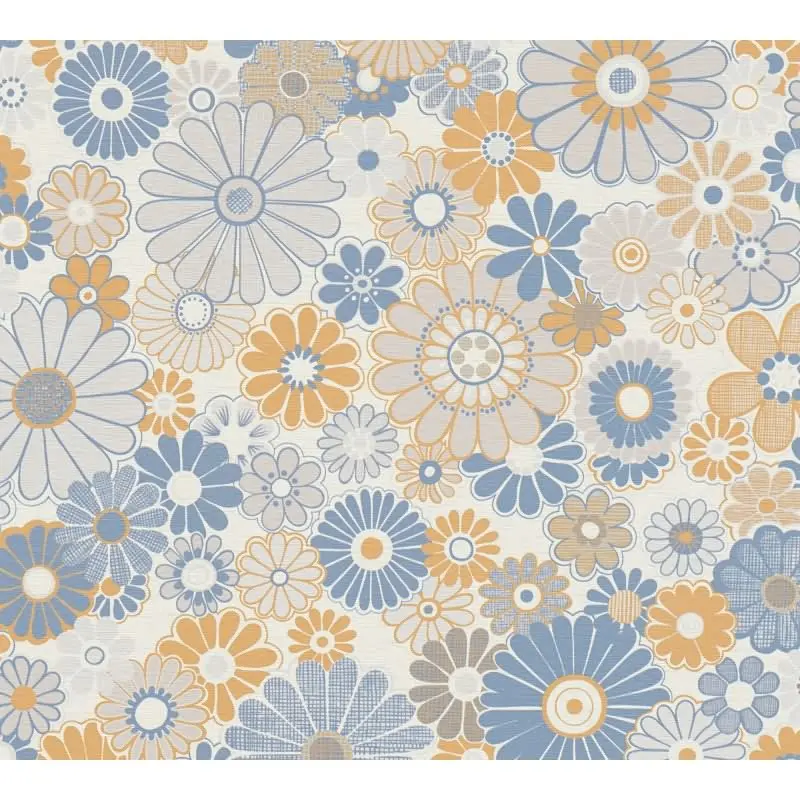 Blumen-Tapete Retro Blau Orange Beige - Mustertapete 70er Jahre - Vliestapete AS-Creation (KG-174860)