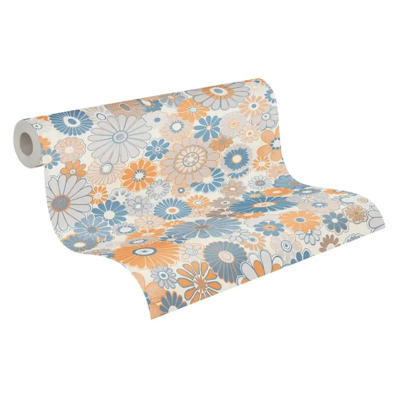 Blumen-Tapete Retro Blau Orange Beige - Mustertapete 70er Jahre - Vliestapete AS-Creation (KG-174860)