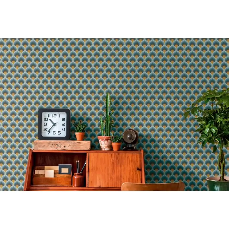 Retro-Tapete Wellenmuster Blau Braun Gelb Creme - Geometrische Vliestapete AS-Creation (KG-174876)
