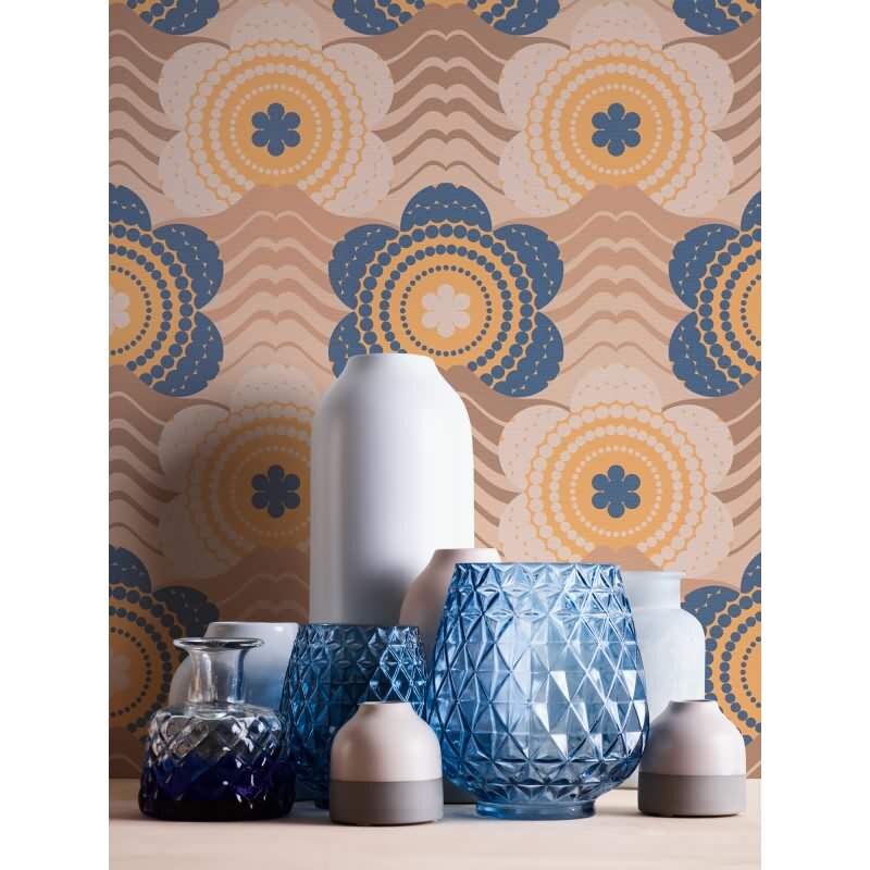 Retro-Blumen-Tapete Blau Gelb Beige - Muster Tapete Wellenmuster - Vliestapete AS-Creation (KG-174880)
