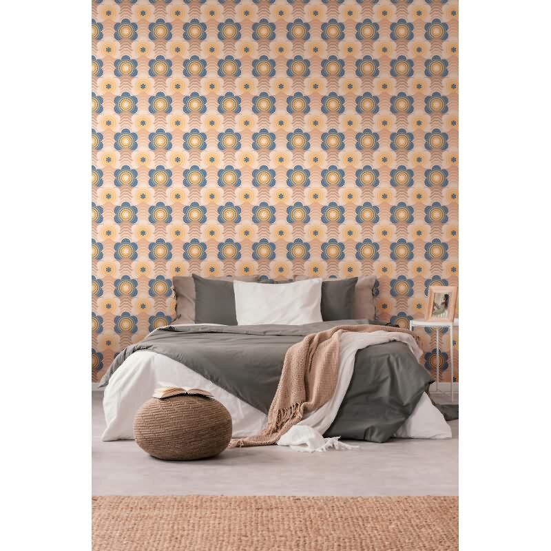 Retro-Blumen-Tapete Blau Gelb Beige - Muster Tapete Wellenmuster - Vliestapete AS-Creation (KG-174880)