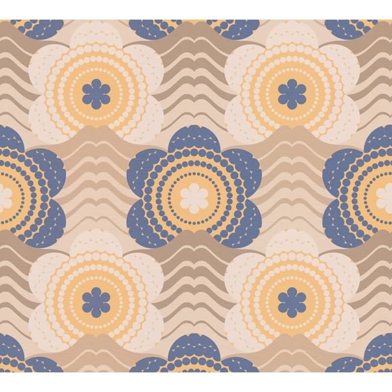 Retro-Blumen-Tapete Blau Gelb Beige - Muster Tapete Wellenmuster - Vliestapete AS-Creation (KG-174880)