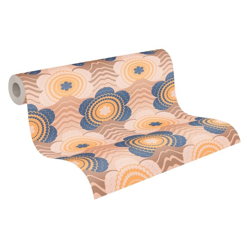 Retro-Blumen-Tapete Blau Gelb Beige - Muster Tapete Wellenmuster - Vliestapete AS-Creation (KG-174880)