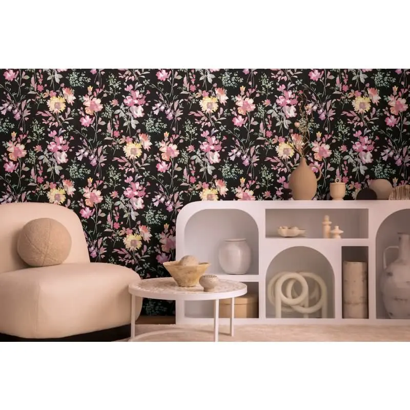 COSMOPOLITAN Vliestapete Blumen Schwarz Bunt moderne Aquarell Tapete floral Design livingwalls (KG-174885)