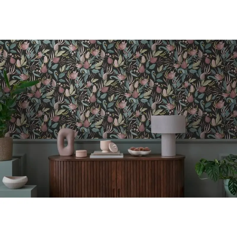 COSMOPOLITAN Vliestapete Blüten Schwarz Rosa moderne botanische Tapete Design livingwalls (KG-174891)