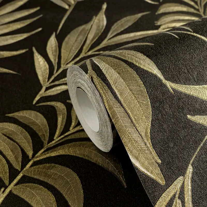 COSMOPOLITAN Vliestapete Schwarz Gold Blattmuster luxuriöse Tapete fürs Wohnzimmer livingwalls (KG-174945)