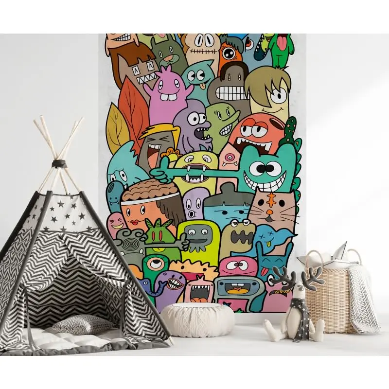 Fototapete Comic-Figuren Bunt - Lustige Doodle Monster auf Weiß - livingwalls Vliestapete erweiterbar (KG-175106)