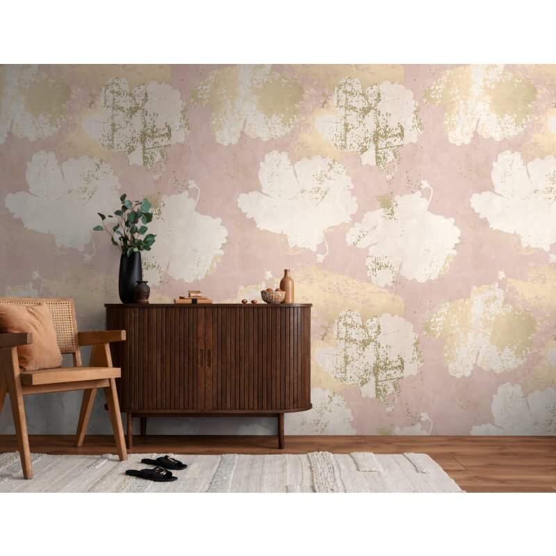 Fototapete Florale Blüten Rosa Beige - Zarte Blumen auf Vintage-Hintergrund - livingwalls Vliestapete erweiterbar (KG-175117)