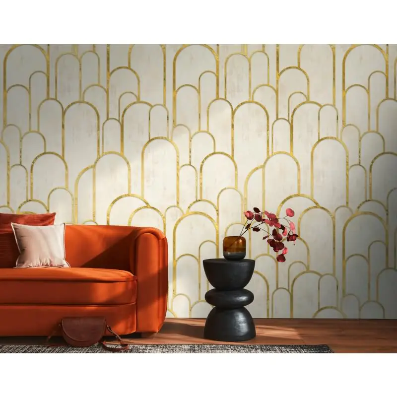 Fototapete Bogenmuster Gold Beige - Elegantes Linien-Design mit Glanzoptik - livingwalls Vliestapete erweiterbar (KG-175134)
