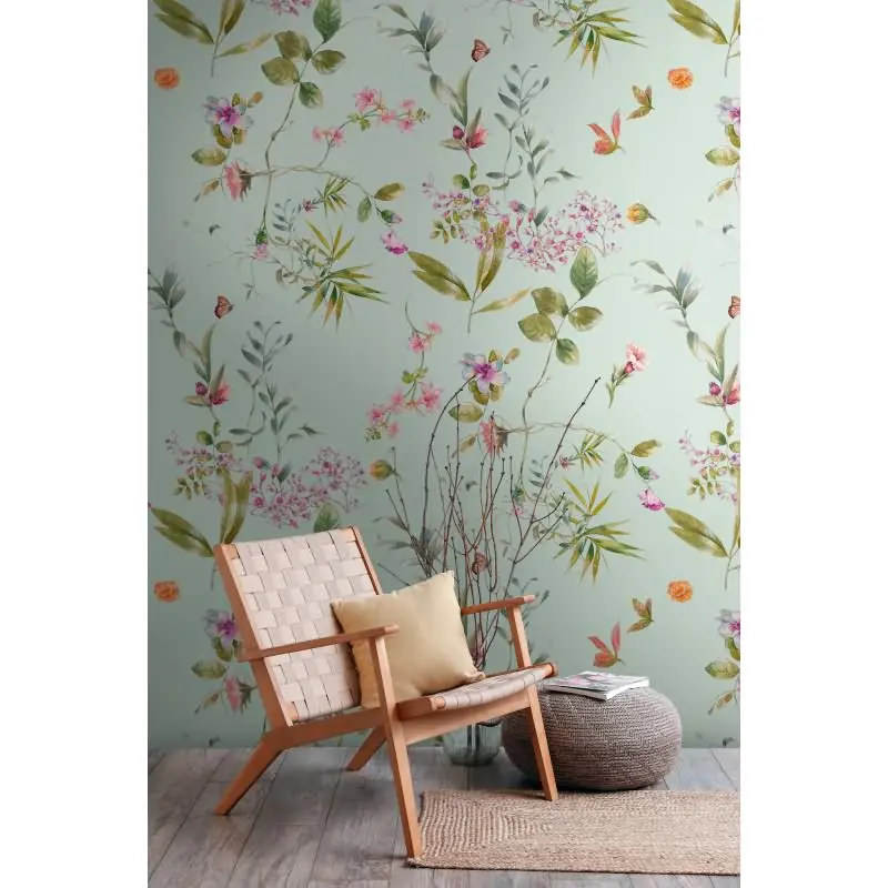 Fototapete Blütenzweige Mintgrün Rosa - Verspieltes Blumenmuster leicht - livingwalls Vliestapete erweiterbar (KG-175156)