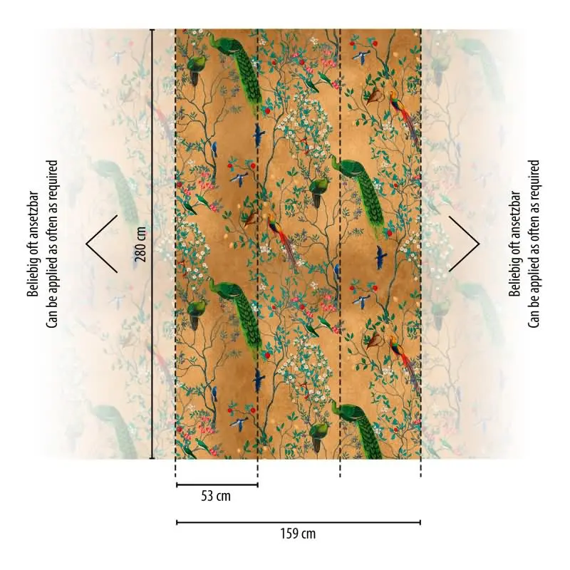 Fototapete Goldene Landschaft mit Kranichen - Asiatisches Naturmotiv auf Orange - livingwalls Vliestapete erweiterbar (KG-175157)