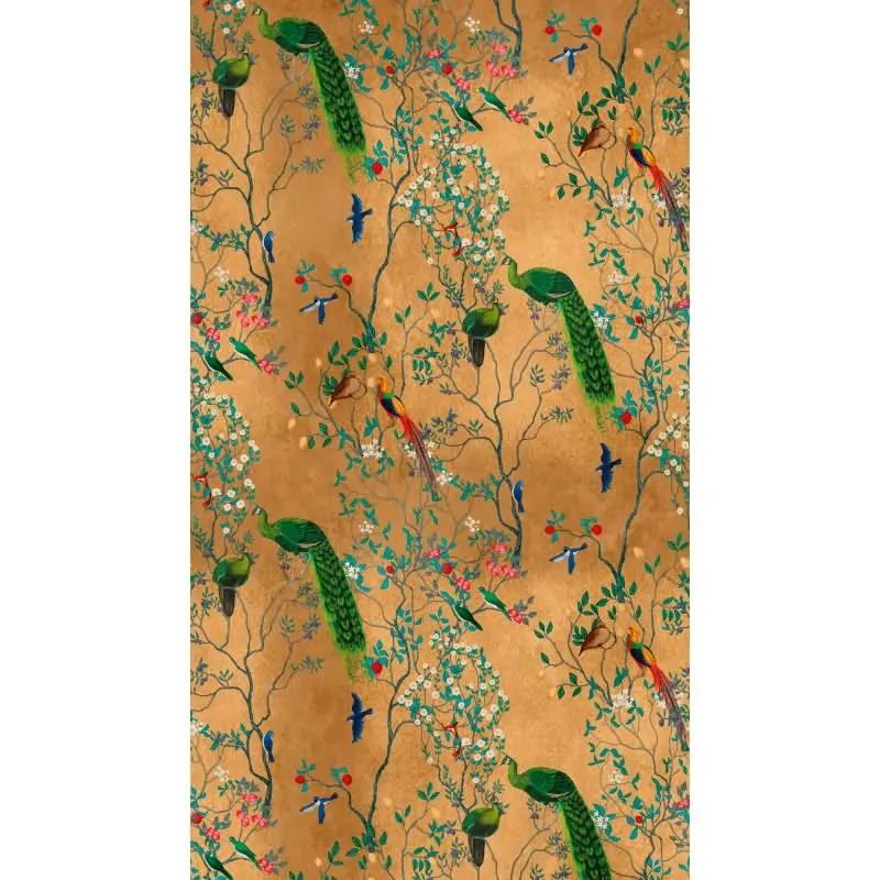 Fototapete Goldene Landschaft mit Kranichen - Asiatisches Naturmotiv auf Orange - livingwalls Vliestapete erweiterbar (KG-175157)