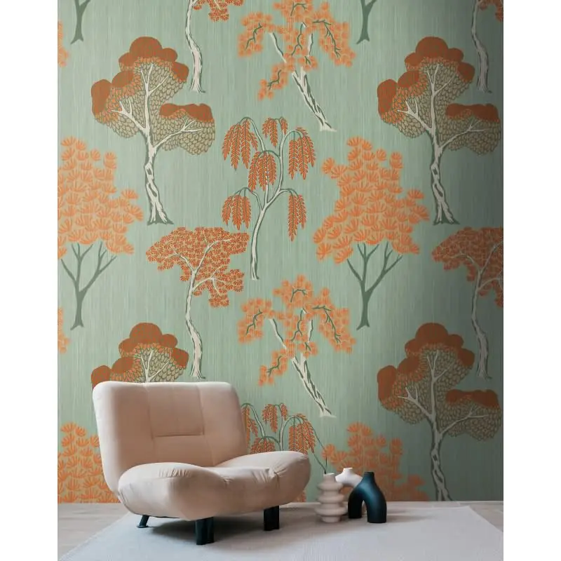 Fototapete Bäume Orange auf Grün - Modernes Naturmotiv mit Kontrastwirkung - livingwalls Vliestapete erweiterbar (KG-175162)