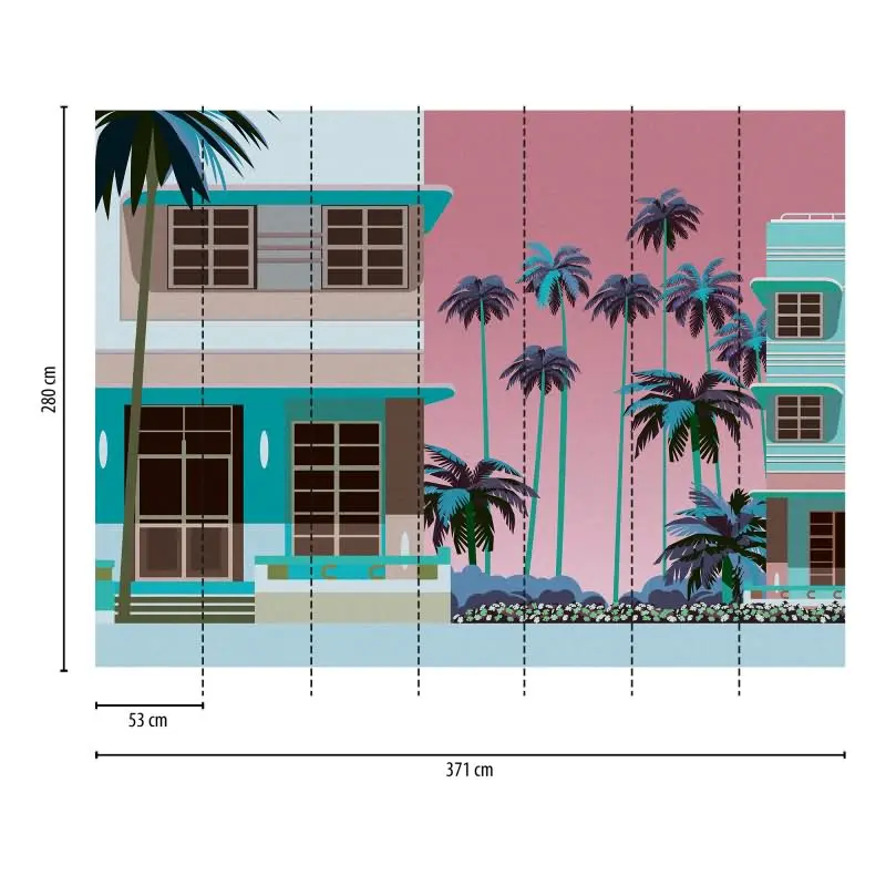 Fototapete Miami Art Déco Palmen Rosa Türkis - Retro-Fassadenmotiv mit Urlaubsflair - livingwalls Vliestapete (KG-175168)