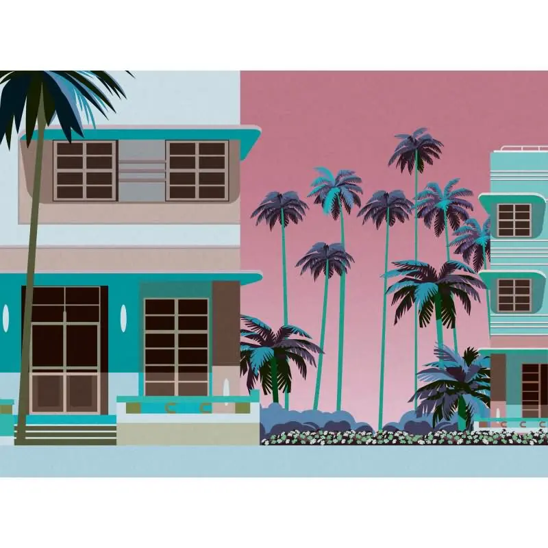 Fototapete Miami Art Déco Palmen Rosa Türkis - Retro-Fassadenmotiv mit Urlaubsflair - livingwalls Vliestapete (KG-175168)