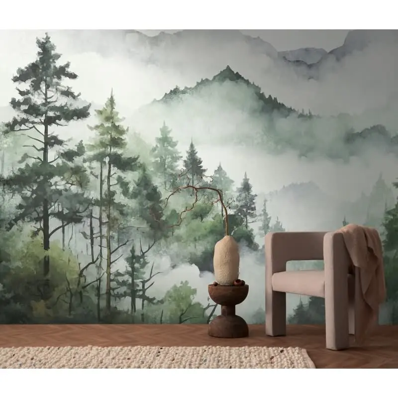 Fototapete Wald und Berge Aquarell Grün Grau - Sanfte Naturkulisse mit Nebel - livingwalls Vliestapete (KG-175173)