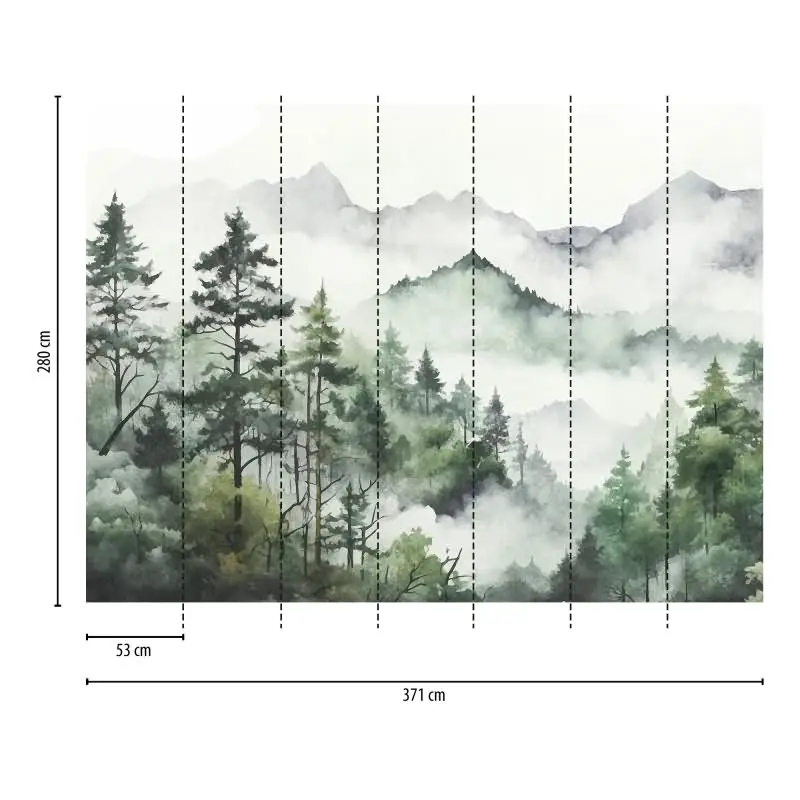 Fototapete Wald und Berge Aquarell Grün Grau - Sanfte Naturkulisse mit Nebel - livingwalls Vliestapete (KG-175173)