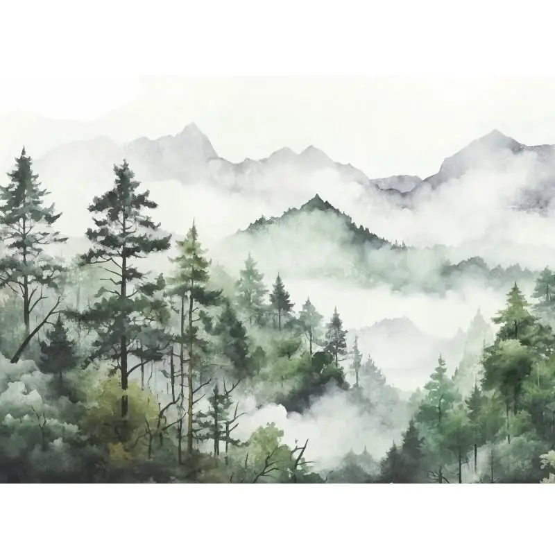 Fototapete Wald und Berge Aquarell Grün Grau - Sanfte Naturkulisse mit Nebel - livingwalls Vliestapete (KG-175173)