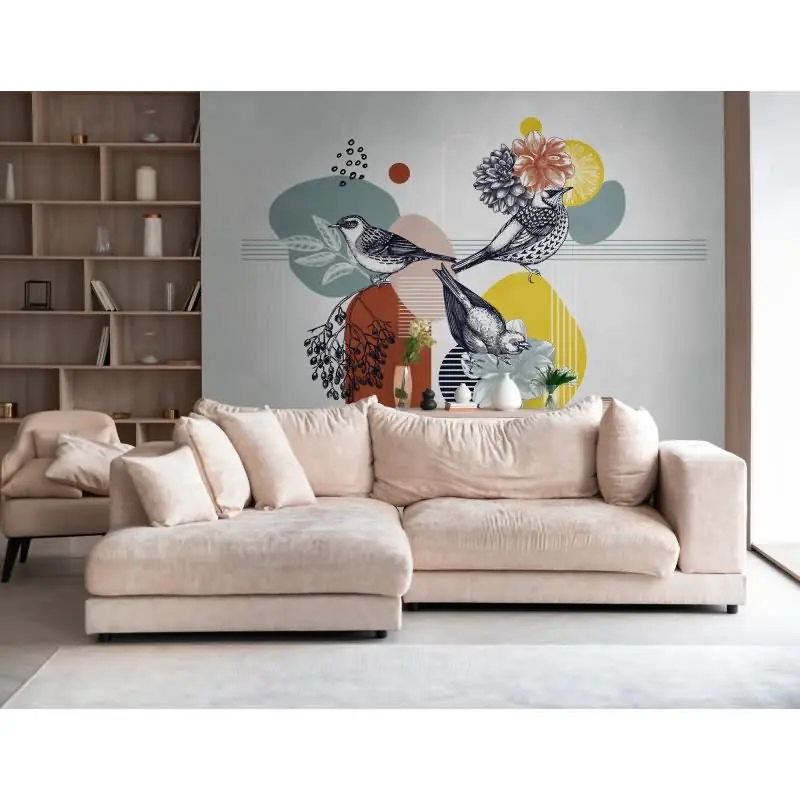 Fototapete Abstrakte Blüten modern Bunt Grau - Florales Kunstmotiv mit grafischem Stil - livingwalls Vliestapete (KG-175184)