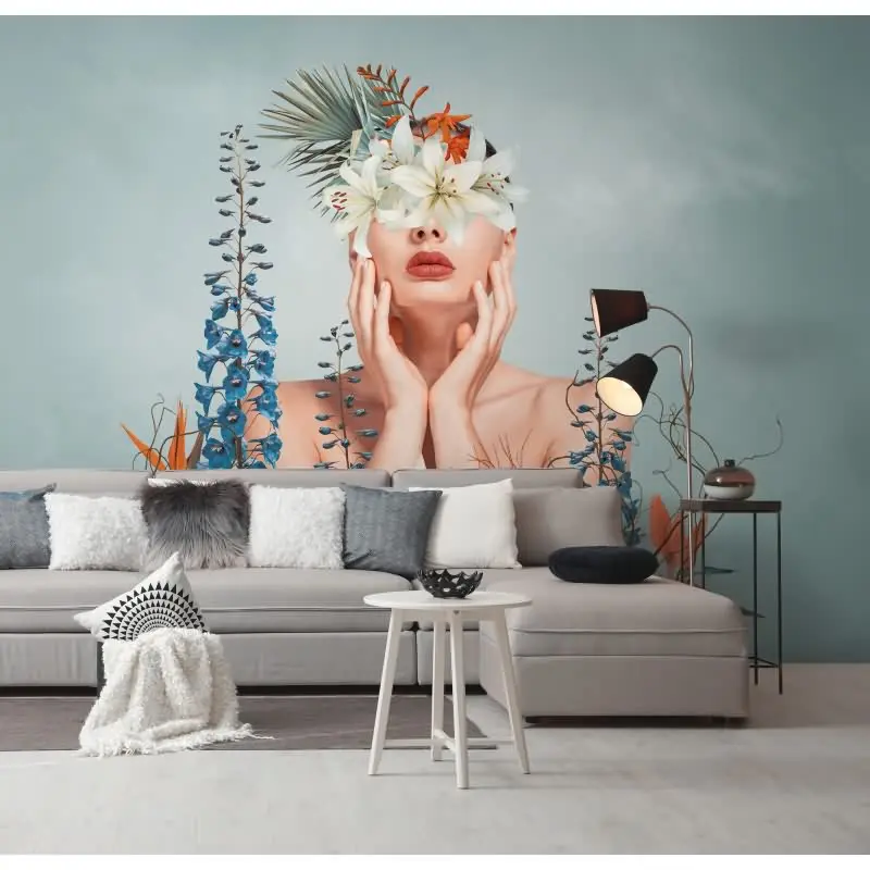Fototapete Frau mit Blumen Pastell Türkis - Künstlerisches Portrait mit floralen Elementen - livingwalls Vliestapete (KG-175185)