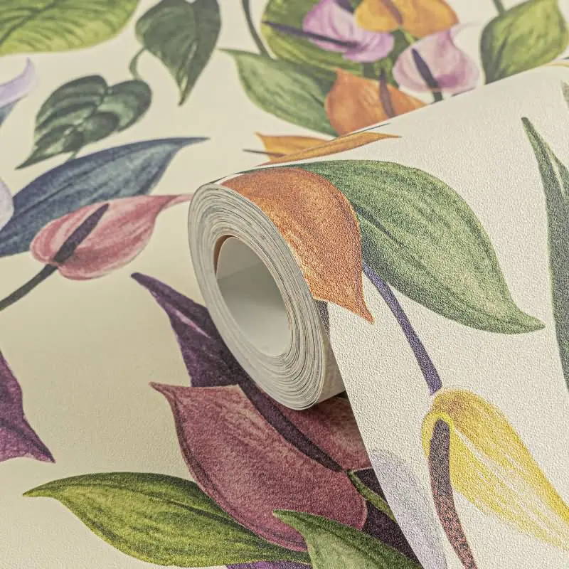 Botanische livingwalls Vliestapete mit Calla-Blüten - Tropischer Blumenprint auf beigem Grund  (KG-175209)