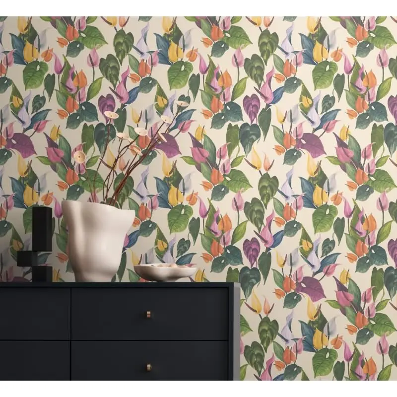 Botanische livingwalls Vliestapete mit Calla-Blüten - Tropischer Blumenprint auf beigem Grund  (KG-175209)