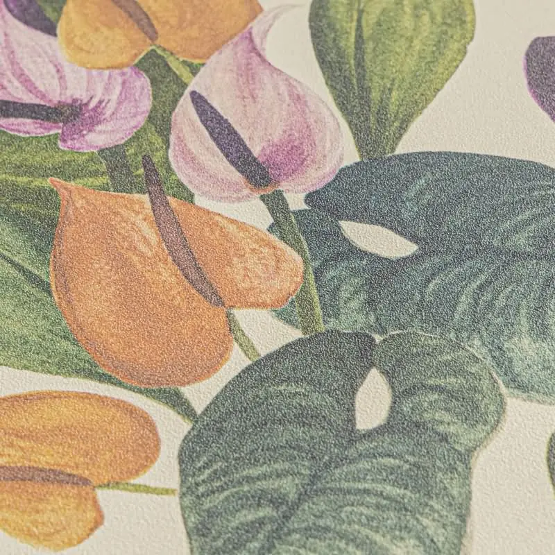 Botanische livingwalls Vliestapete mit Calla-Blüten - Tropischer Blumenprint auf beigem Grund  (KG-175209)