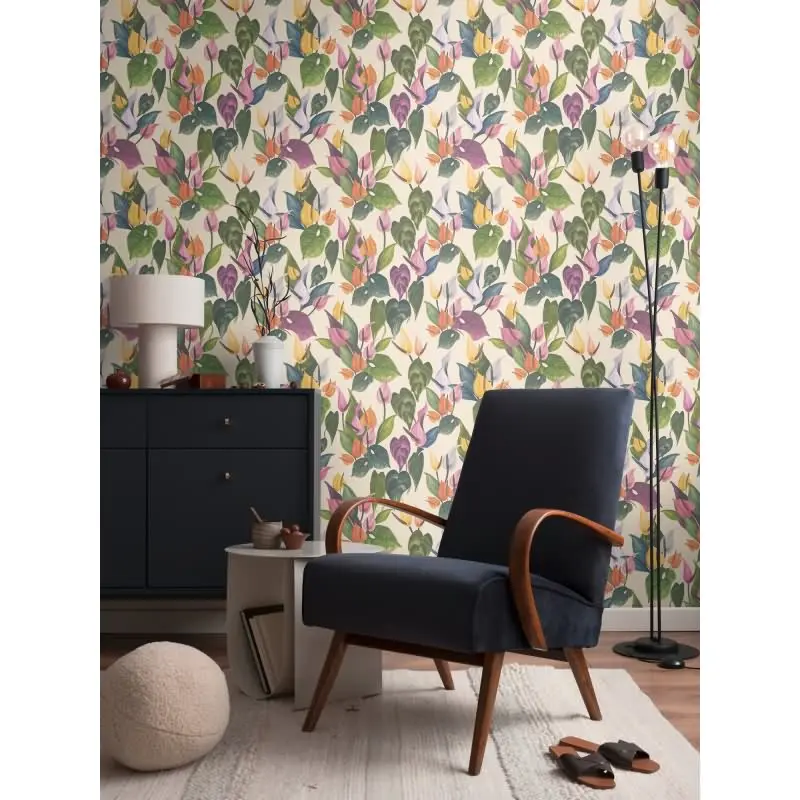 Botanische livingwalls Vliestapete mit Calla-Blüten - Tropischer Blumenprint auf beigem Grund  (KG-175209)