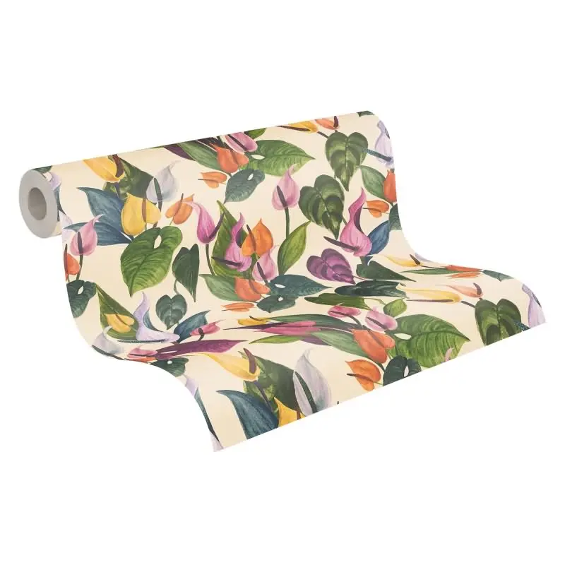 Botanische livingwalls Vliestapete mit Calla-Blüten - Tropischer Blumenprint auf beigem Grund  (KG-175209)
