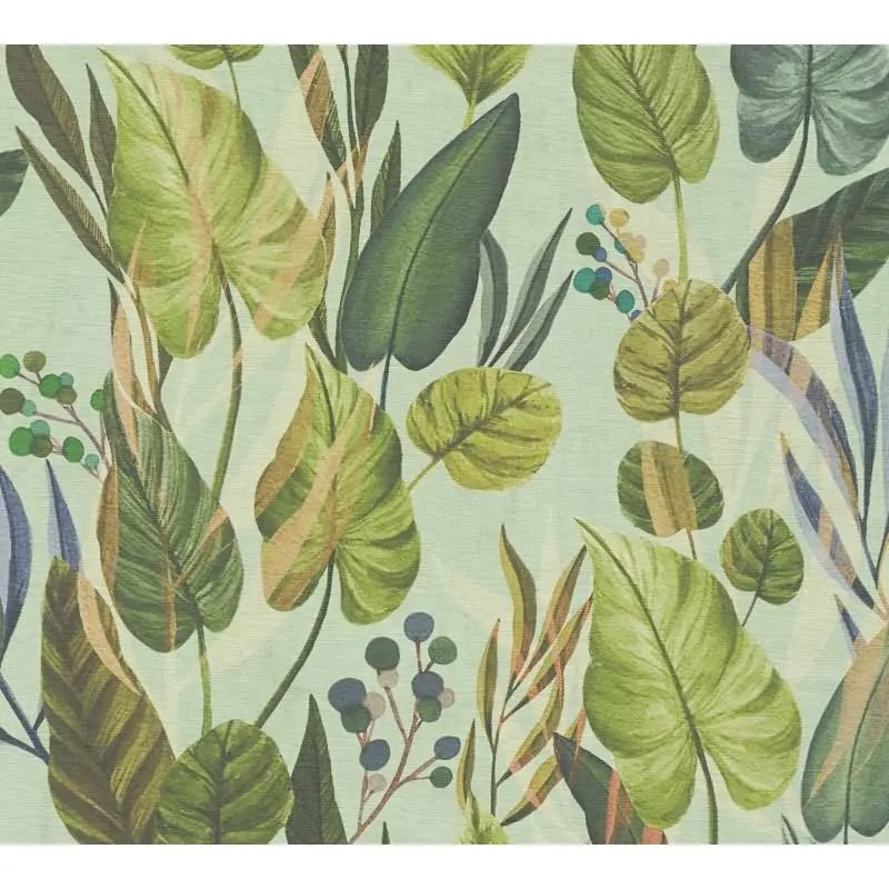 Tropische Tapete mit großflächigem Blattmotiv in Grüntönen auf mintgrünem Grund livingwalls (KG-175226)