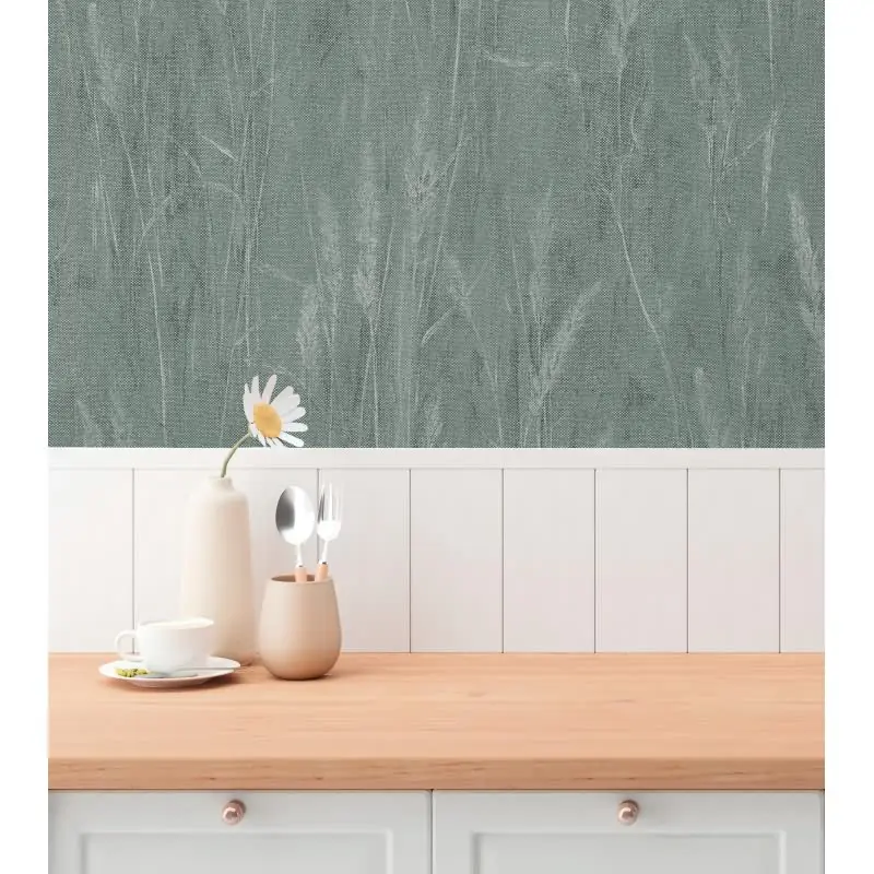 Gräser-Tapete Türkis Silber - Vliestapete mit Naturmotiv und Glanzstruktur (KG-175805)