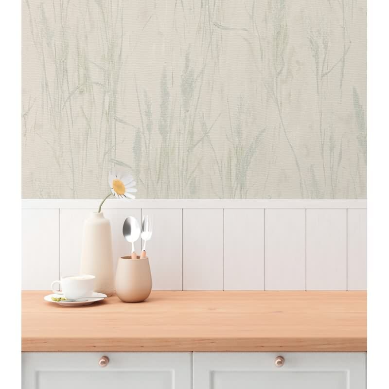 Gräser-Tapete Creme Blau Grün - Vliestapete Naturmotiv in Leinenstruktur (KG-175809)