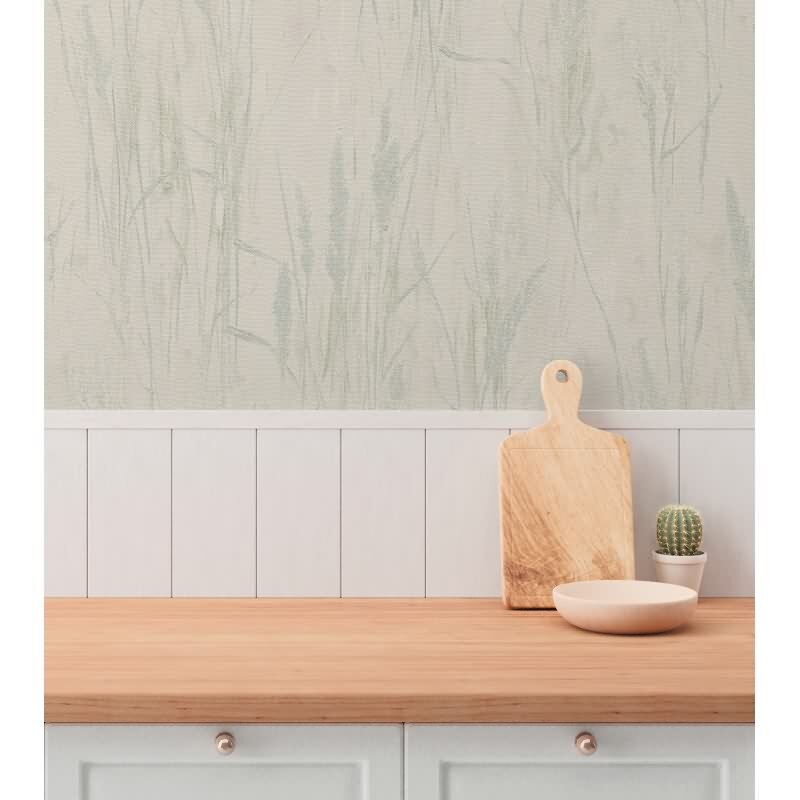 Gräser-Tapete Creme Blau Grün - Vliestapete Naturmotiv in Leinenstruktur (KG-175809)